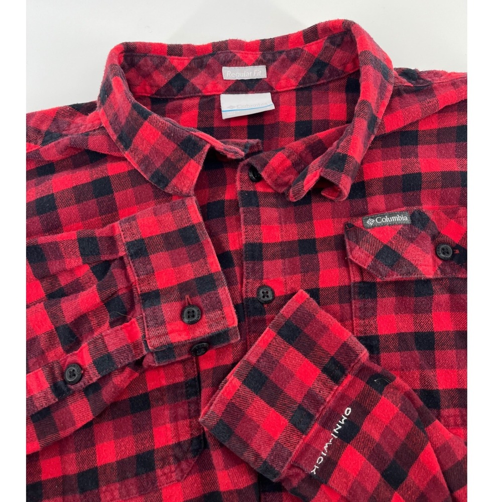 Columbia Flannel Button Up Mens L Red Black Buffalo Plaid Omni-Wick Regular Fit